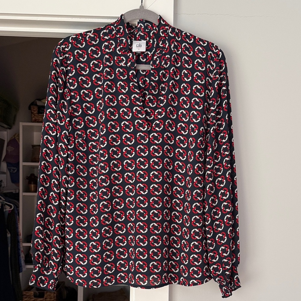 CAbi Black, Red & White Geometric-Print Blouse